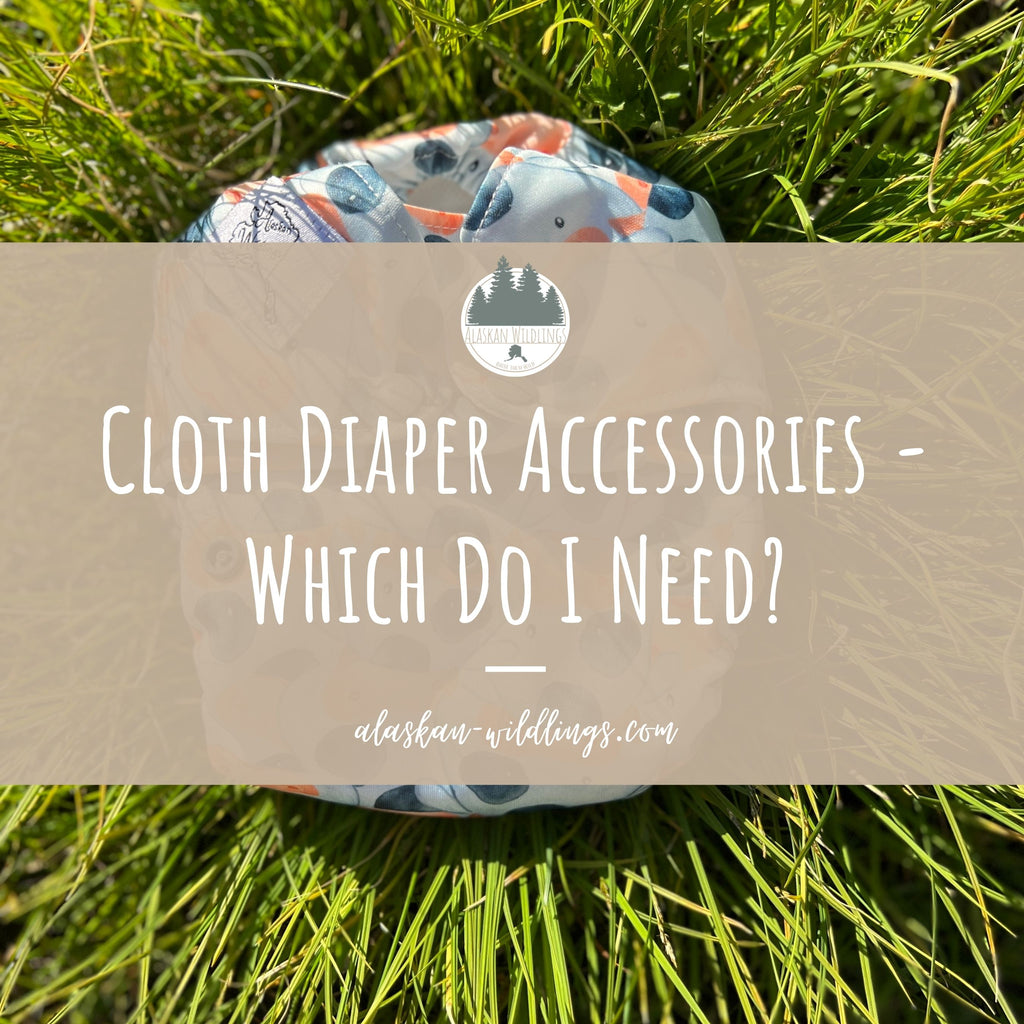 Reads "Cloth Diaper Accessories - Which Do I Need?" over a photo of a pocket diaper in the grass. 