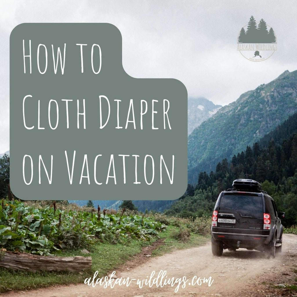 Van driving into the mountains with the text "How to Cloth Diaper on Vacation."