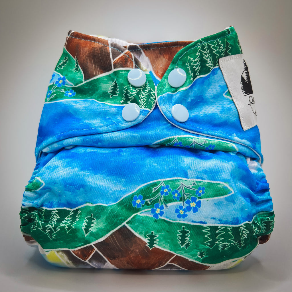 A cloth pocket diaper with a mountain and flower design