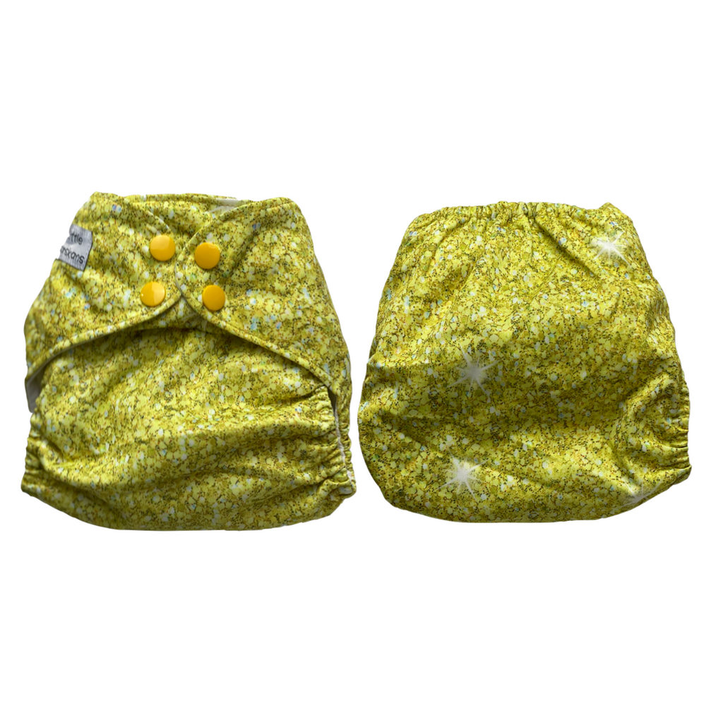 Yellow Sparkles Cloth Diaper | Cloth Diaper Pocket | Modern Cloth Diaper | Athletic Wicking Jersey Interior