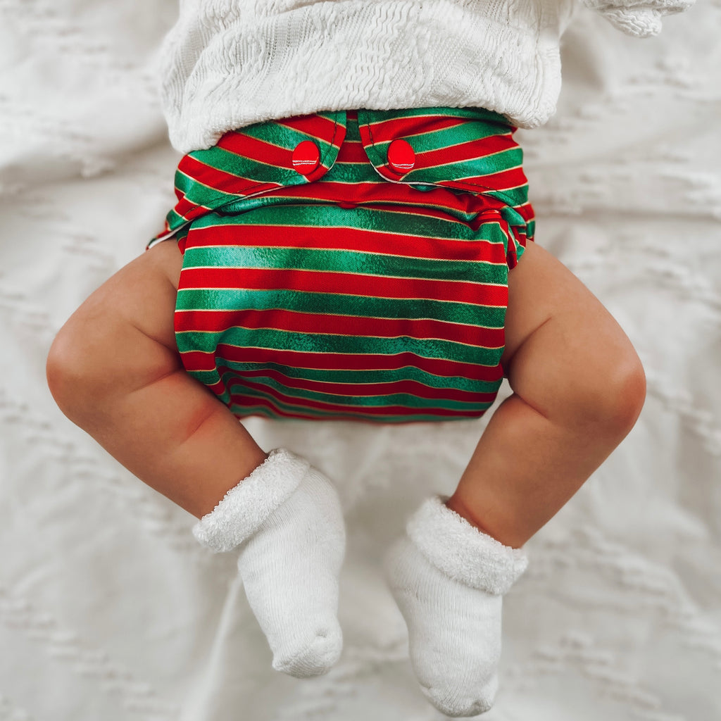 Christmas Ribbon cloth diaper | Cloth Diaper Pocket | Athletic Wicking Jersey Interior