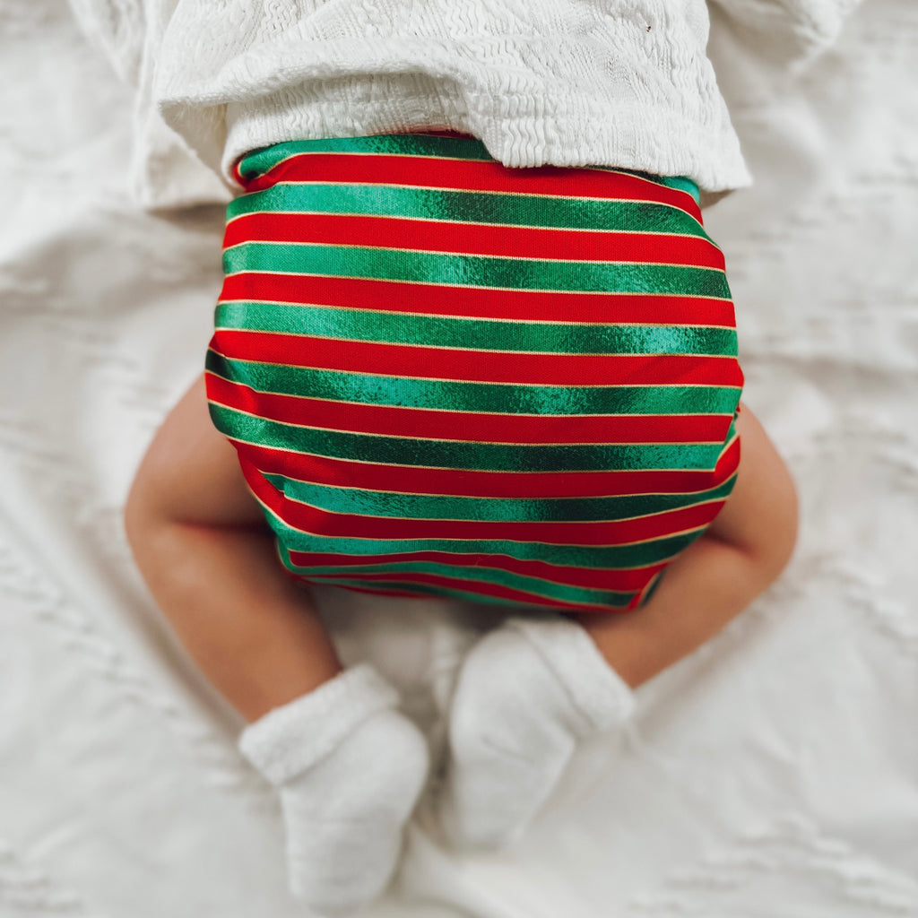 Christmas Ribbons cloth diaper | Cloth Diaper Pocket | Athletic Wicking Jersey Interior