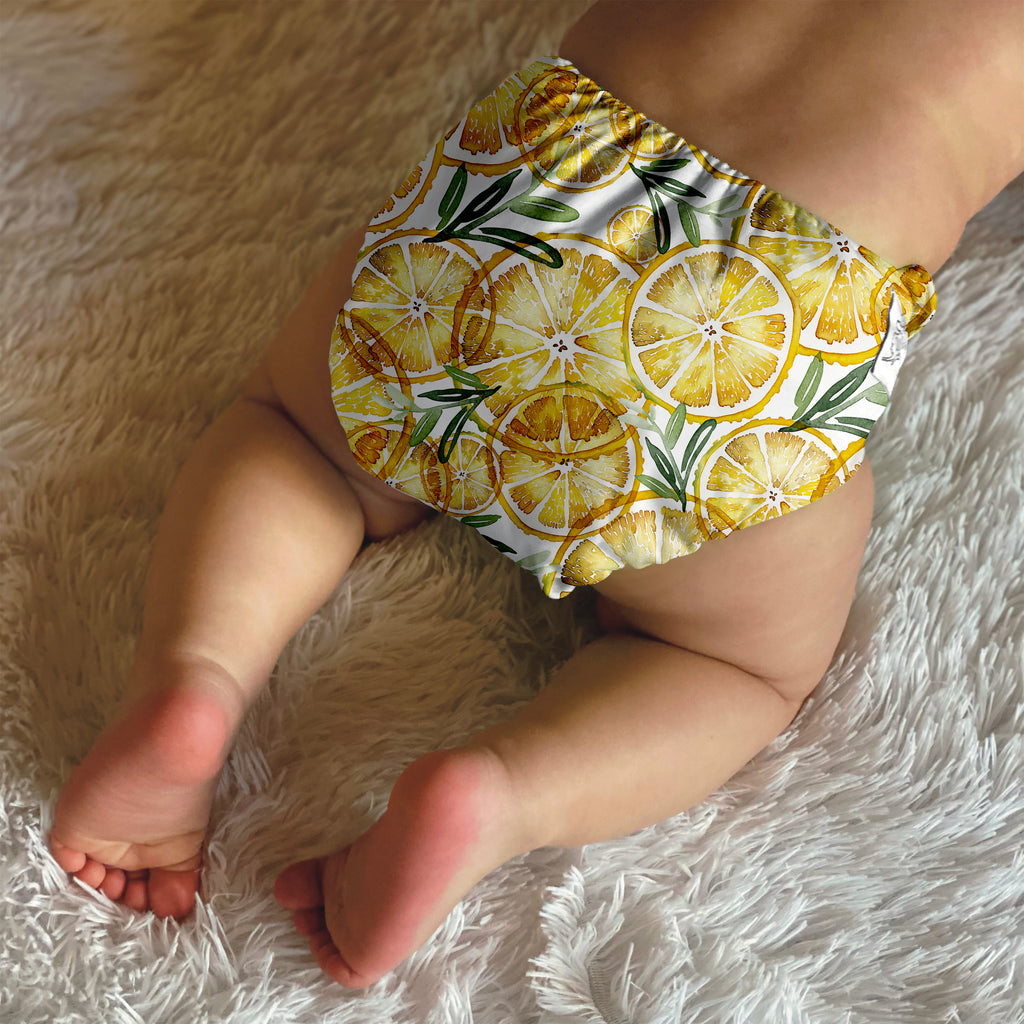 Lemon Squeeze Cloth Diaper | Cloth Diaper Pocket | Modern Cloth Diaper | Athletic Wicking Jersey Interior